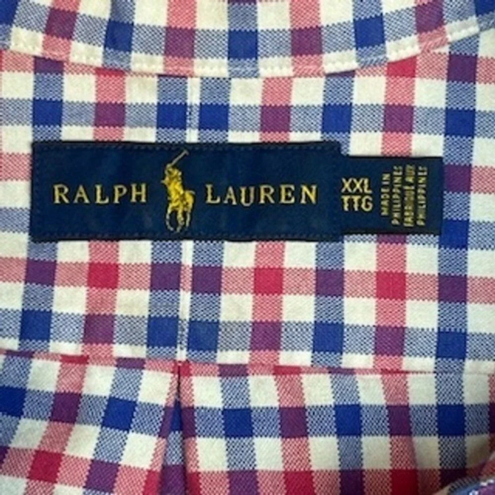 Ralph Lauren Mens Gingham Button Down Shirt Long Sleeve Red Blue White XXL‎ TTG
